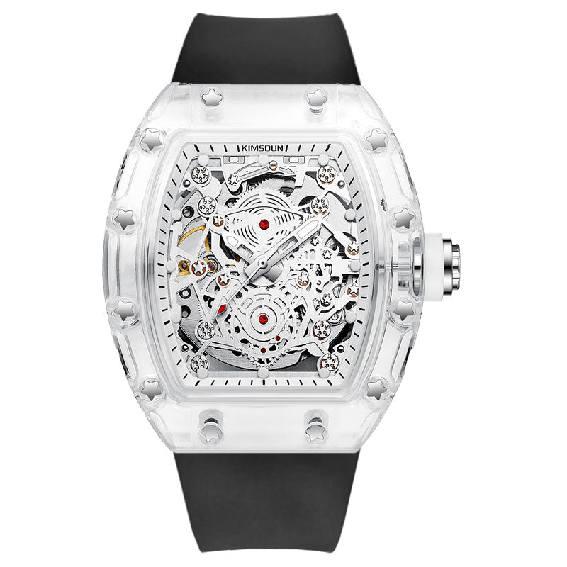 Fashion Hollowed Men Watches Tonneau Transparent Analog Display Silicone Strap Calendar Quartz Waterproof Trend Male Wrist Watch